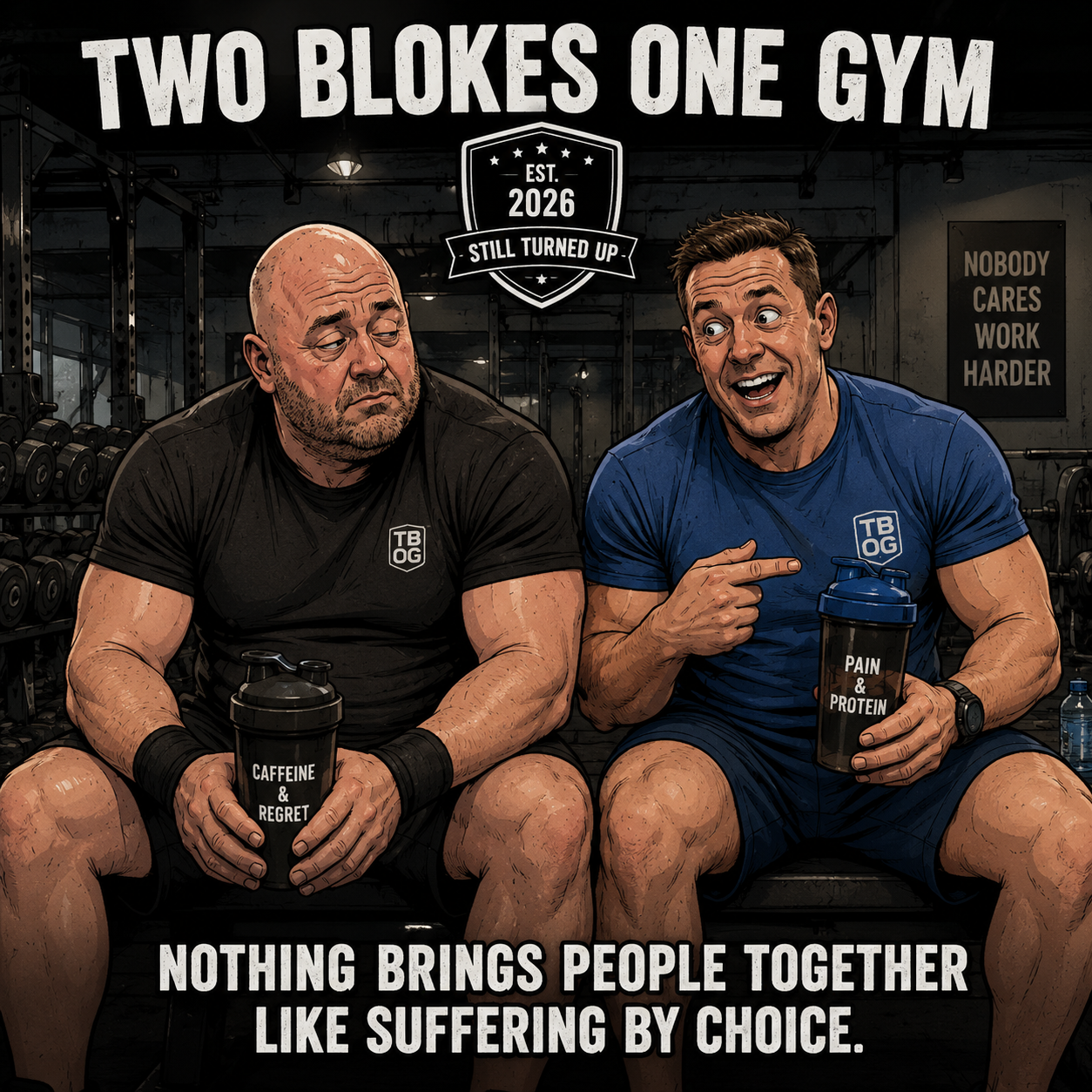 Two Blokes One Gym bench cartoon